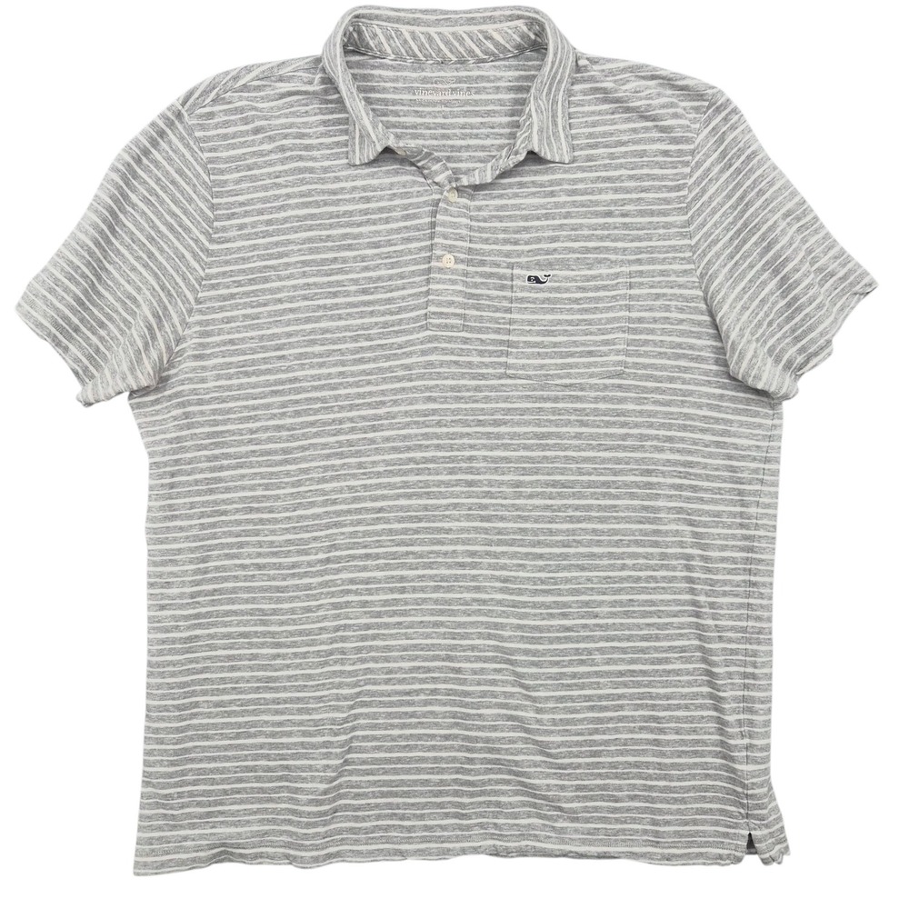Vineyard Vines Mens Large Linen Cotton Striped Polo Shirt Grey White Pocket Logo